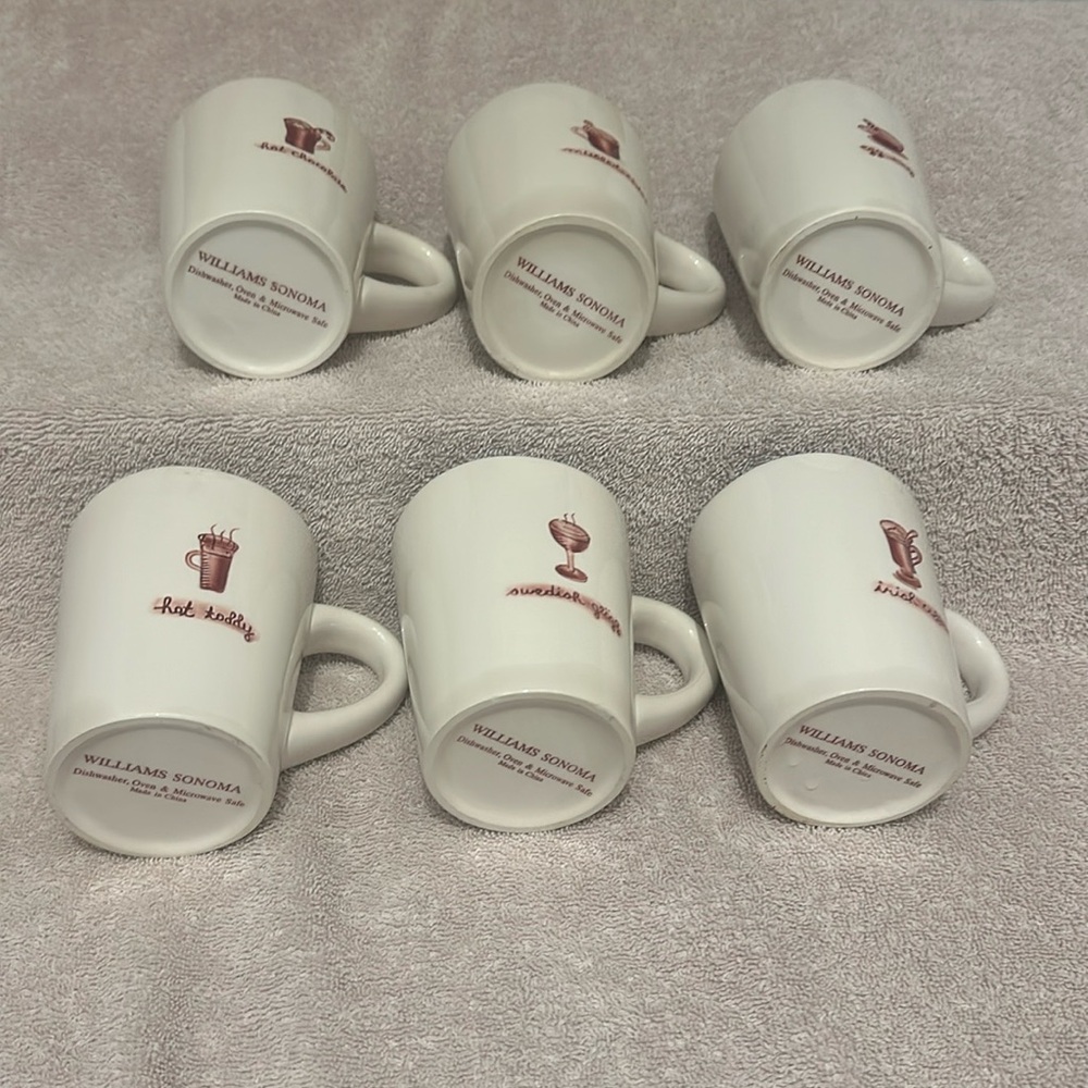 Williams Sonoma White Ceramic Coffee Mugs with Red Design